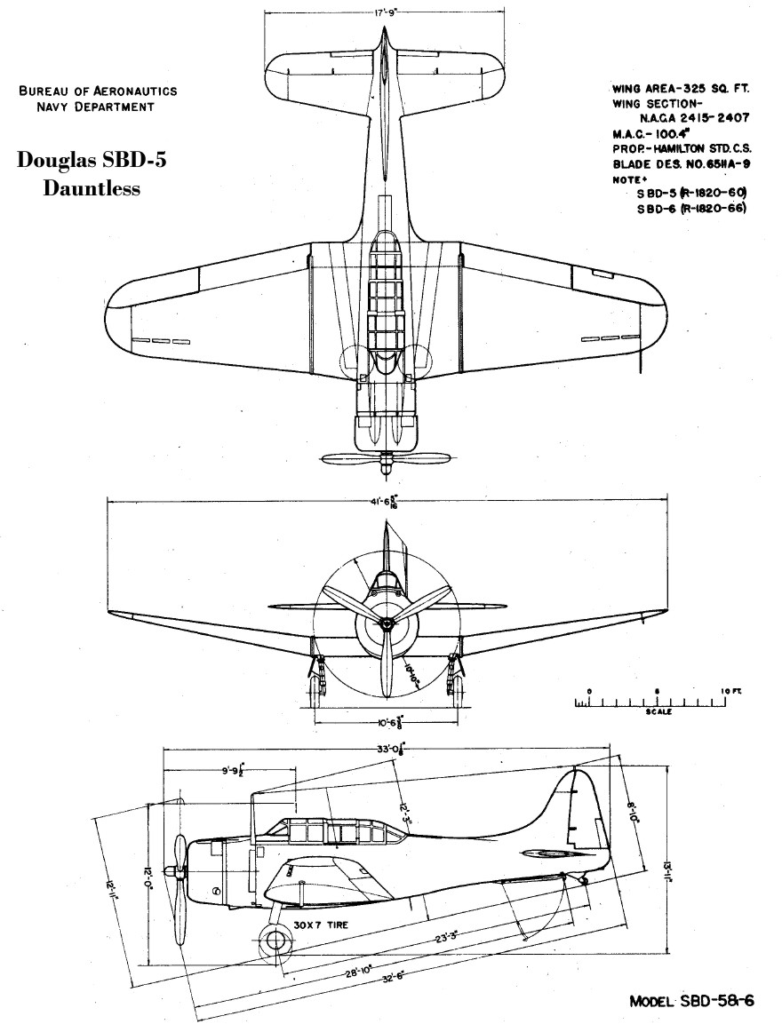 Douglas SBD-5 Dauntless, plan 3 vues