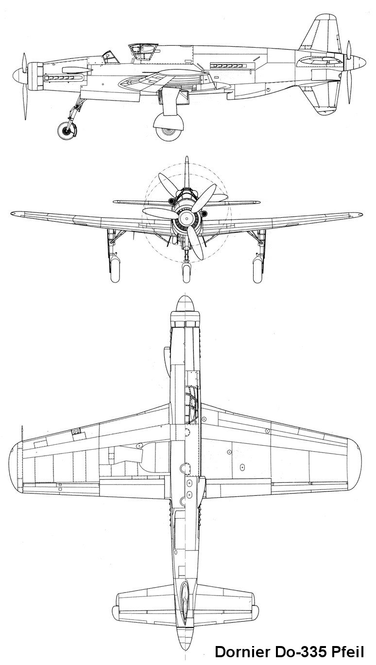 Dornier Do 335A-1 Pfeil, plan 3 vues
