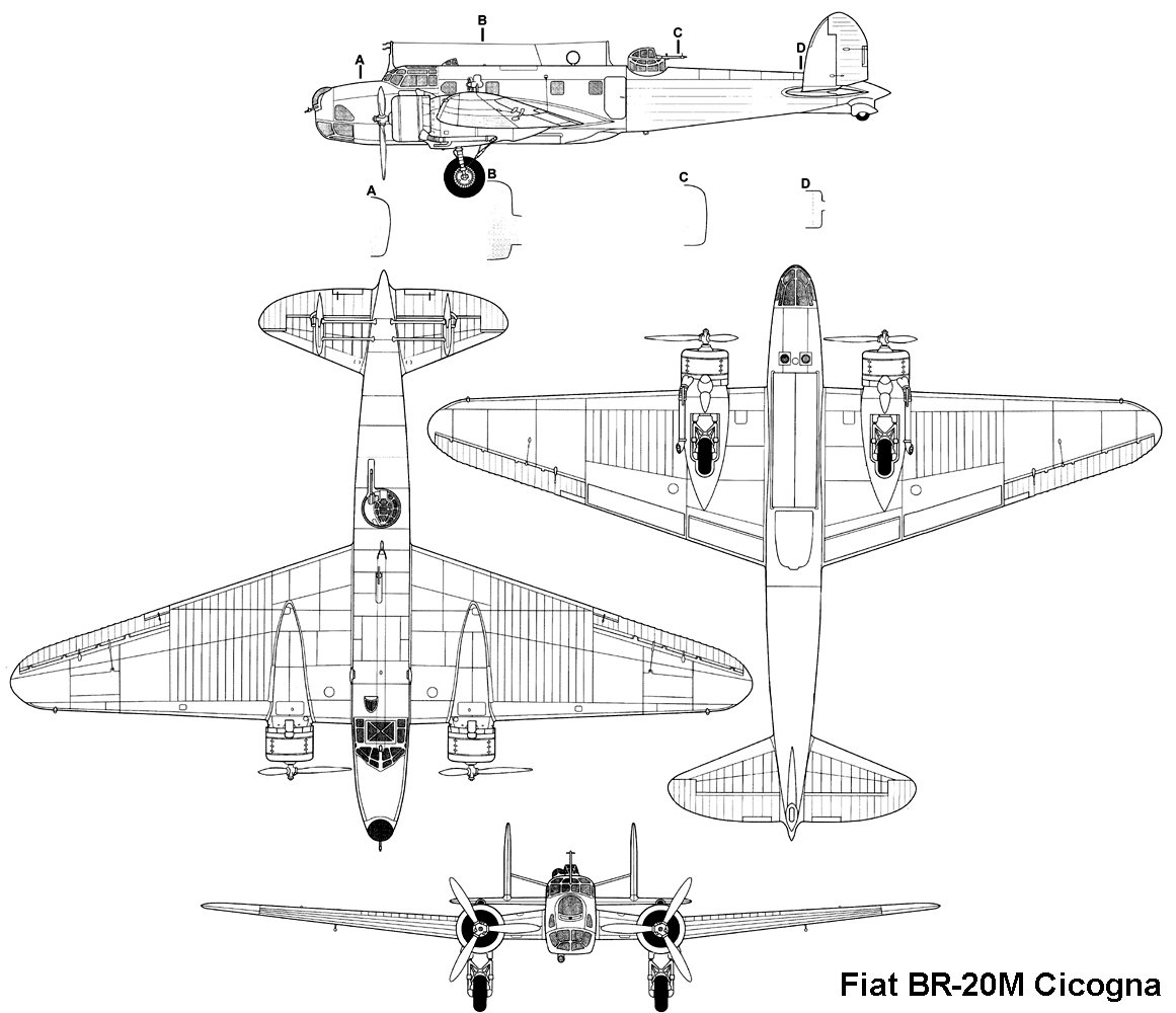 Fiat BR.20m, plan 3 vues