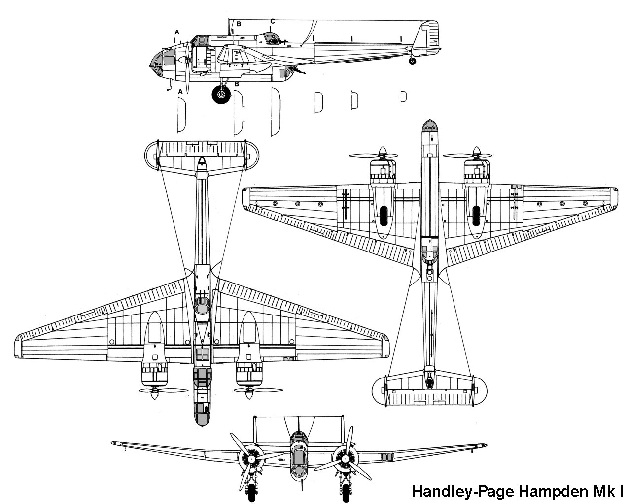Handley Page Hampden I, plan 3 vues