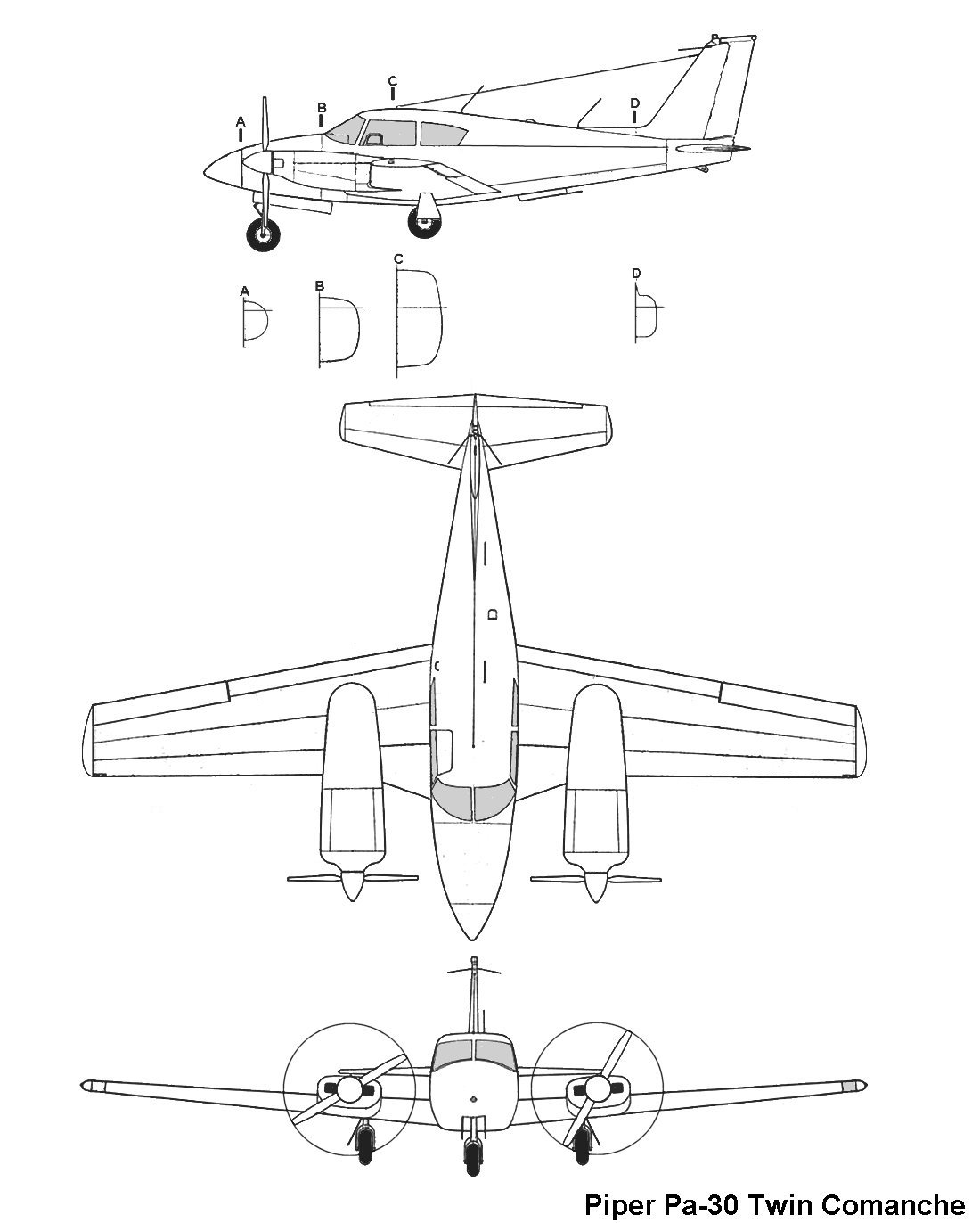Piper PA-30-160 Twin Comanche, plan 3 vues